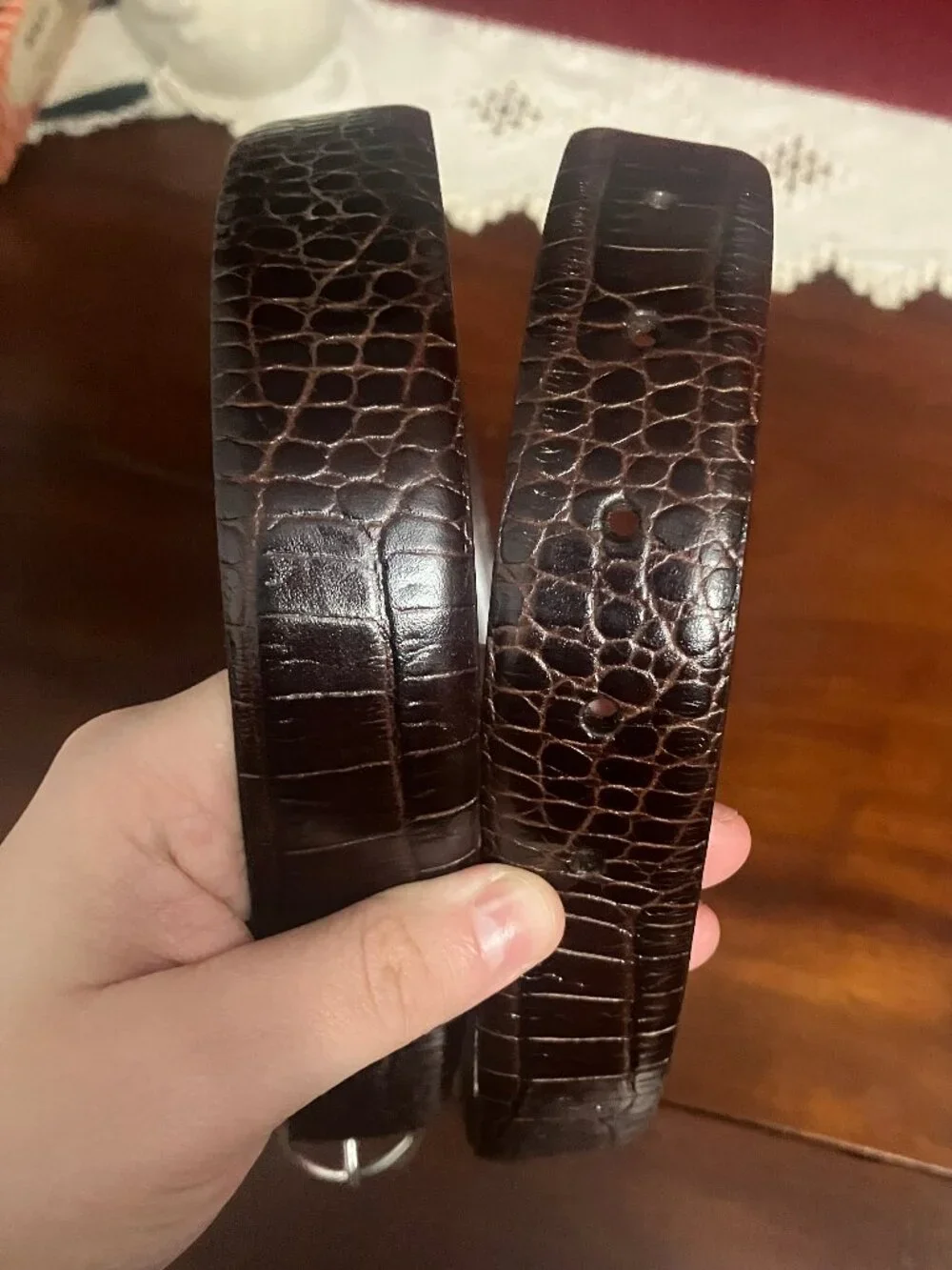 Ralph Lauren Dark Brown Croc-Embossed Leather Belt with Silver Buckle